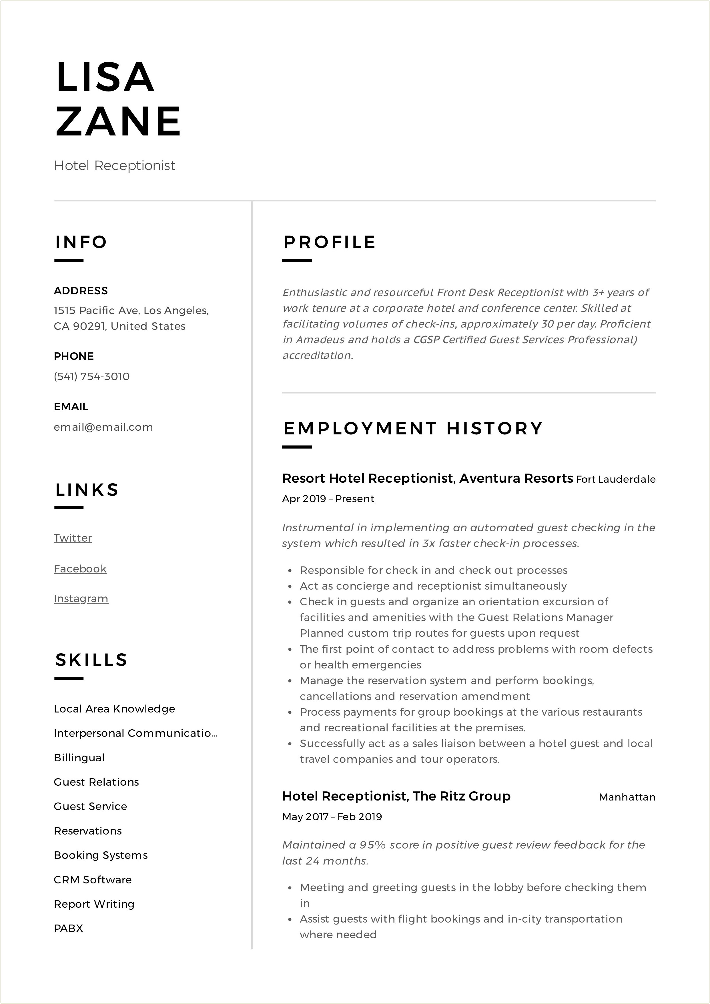 Resume Sample Of Hotel Front Desk Clerk