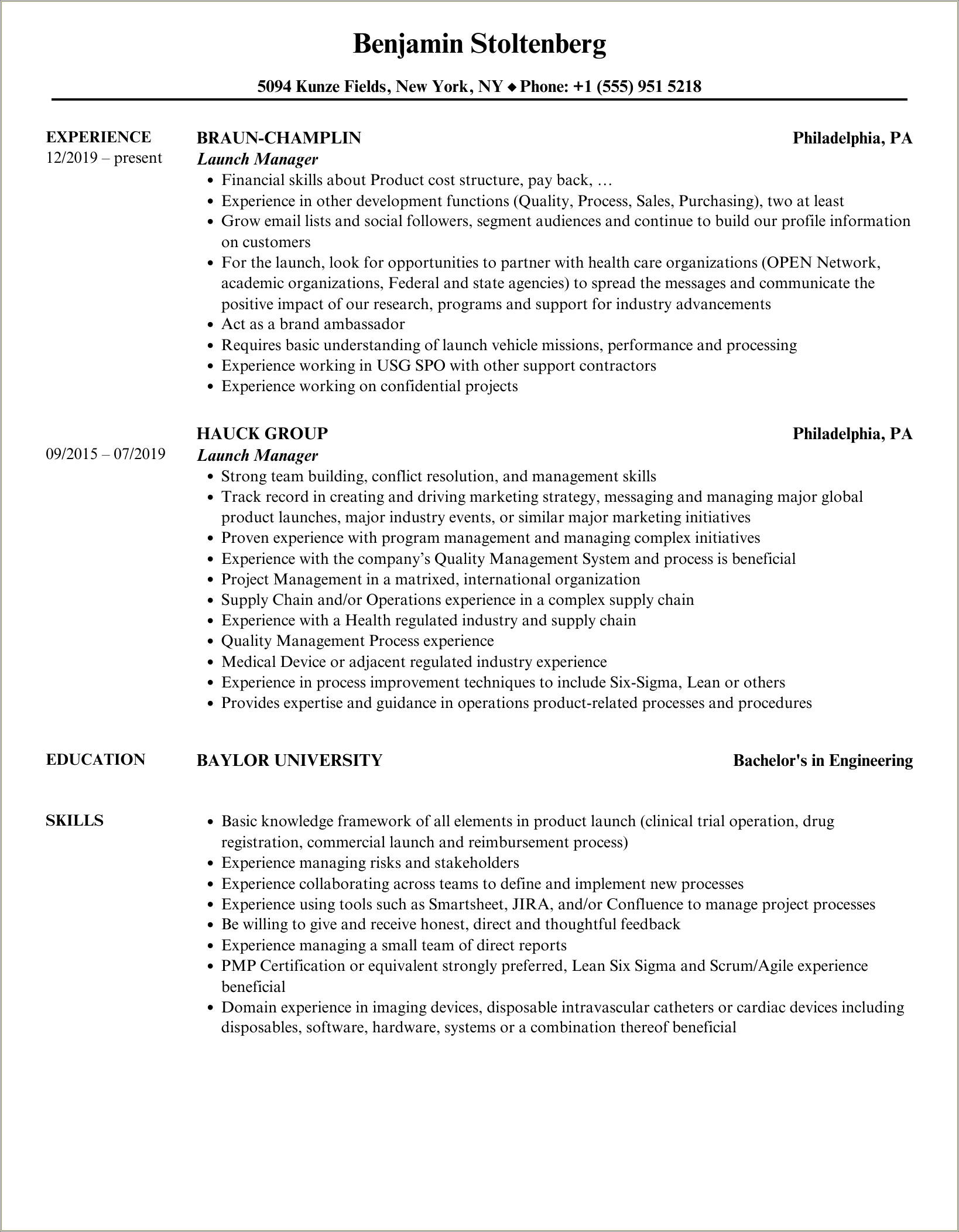 Resume Sample Part Of A Launch Group