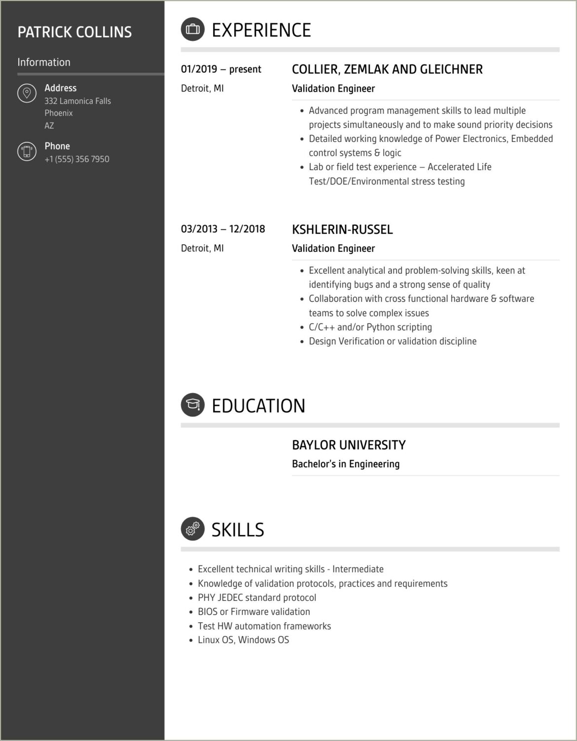 Resume Sample Template For Validation Enginner