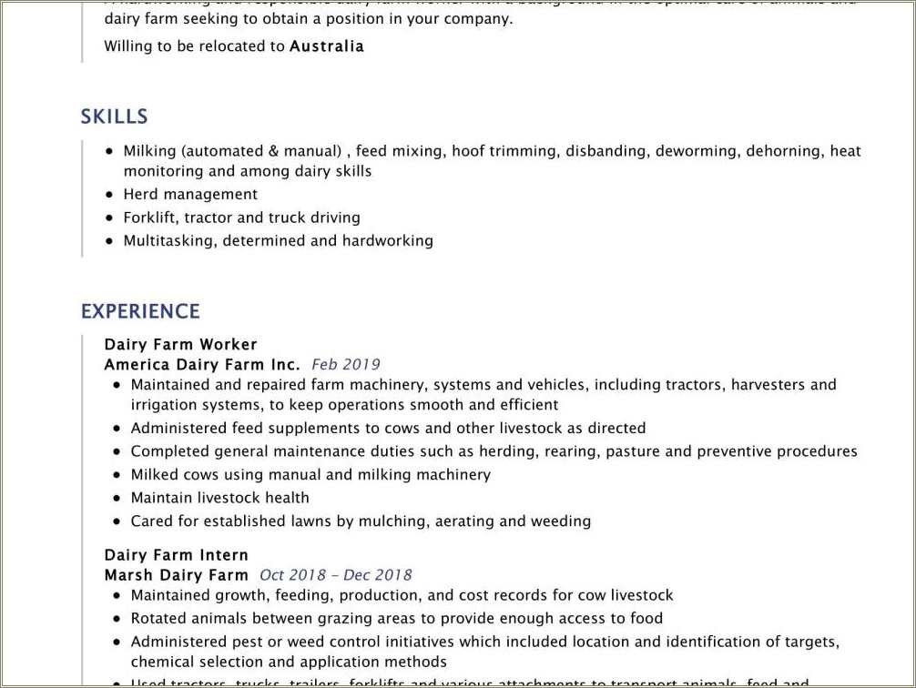 Resume Sample To Work With Animals