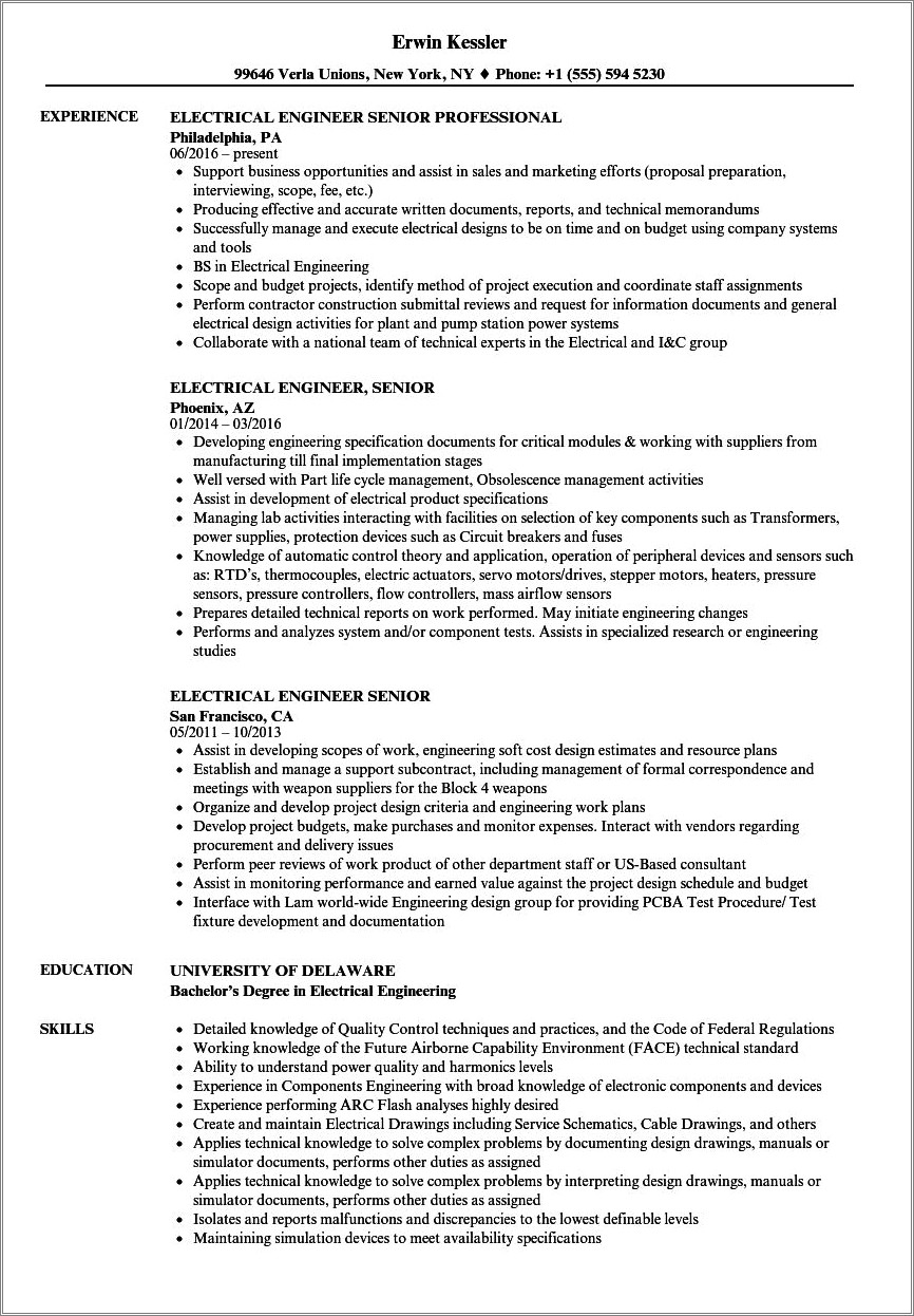 Resume Samples For A Senior Electrical Engineer