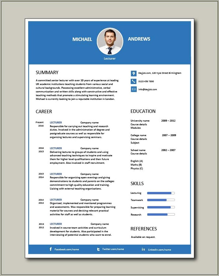 Resume Samples For Academic Positions In Education
