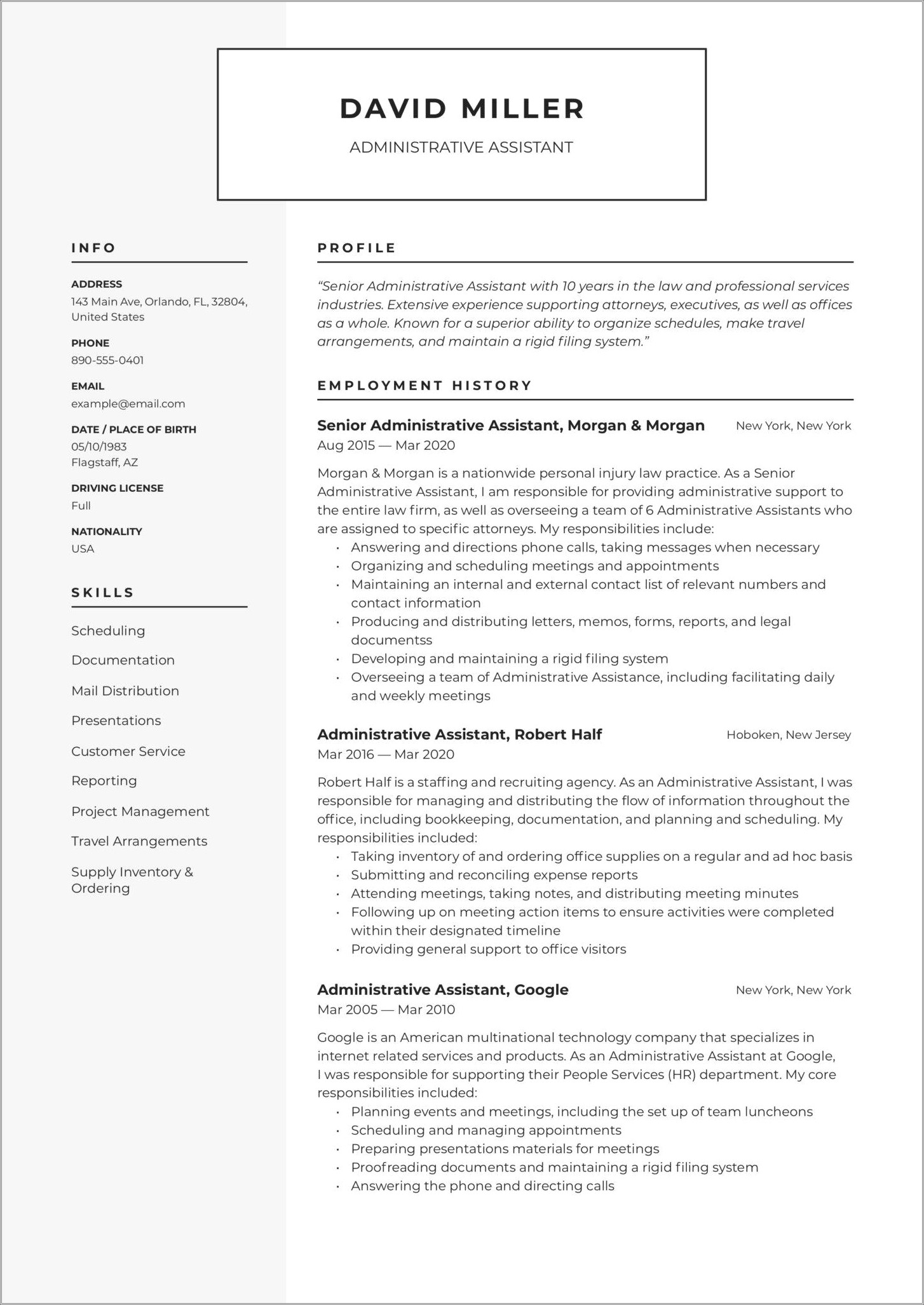 Resume Samples For Administrative Assistant Free