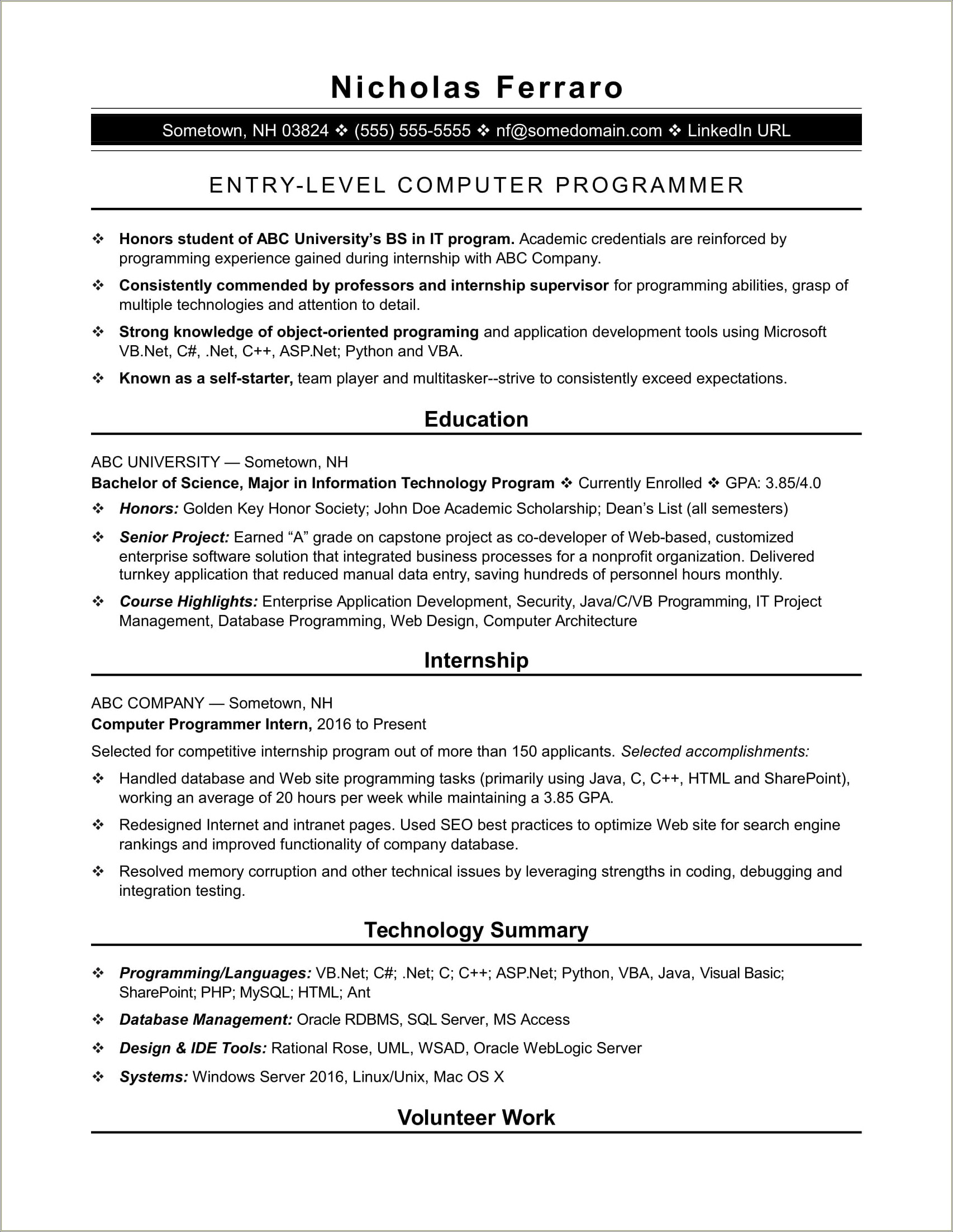Resume Samples For Bsc Computer Science
