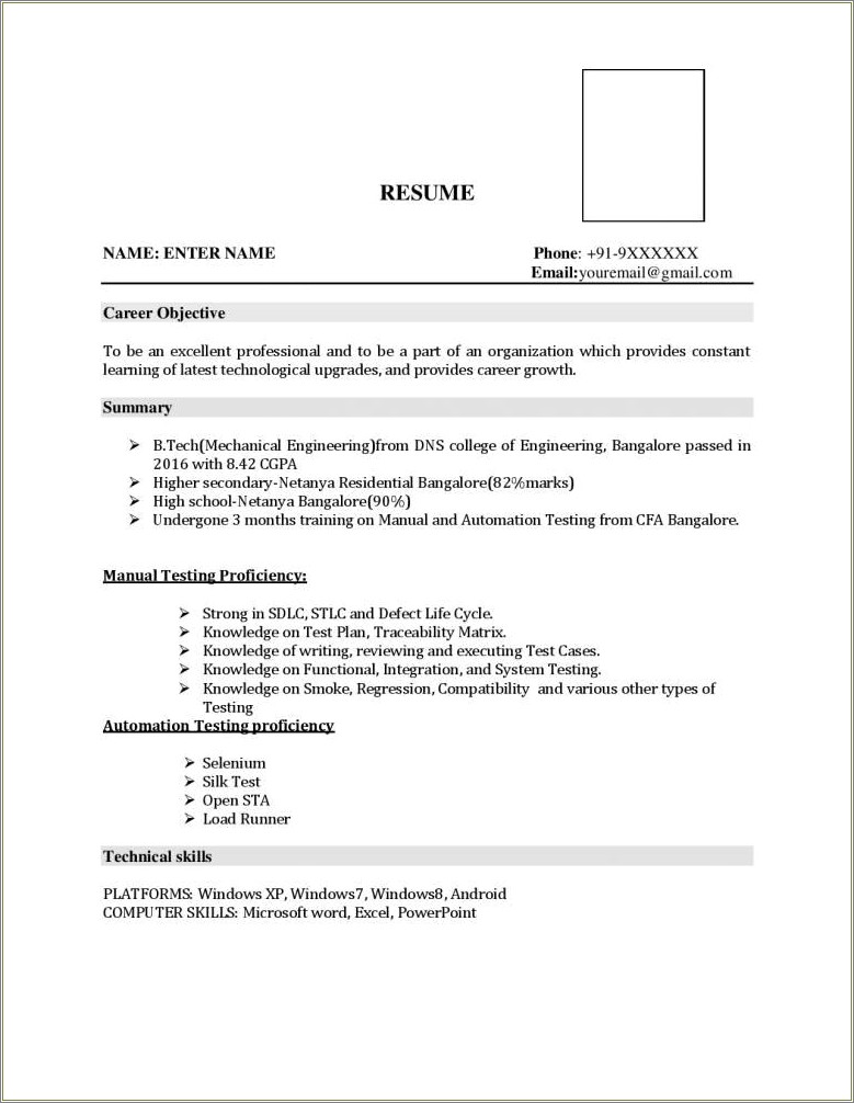 Resume Samples For Btech Cse Students