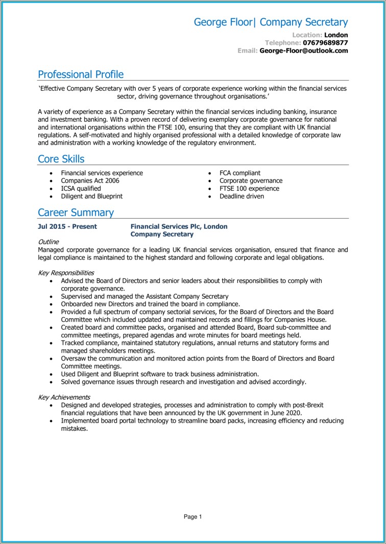 Resume Samples For Company Secretary Students