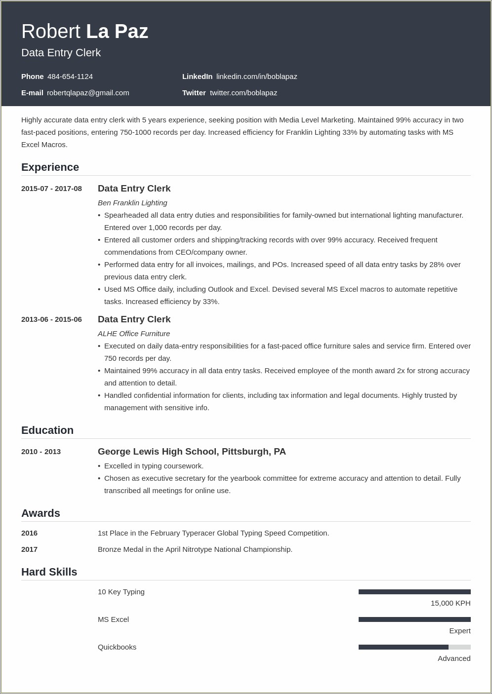 Resume Samples For Data Entry Positions