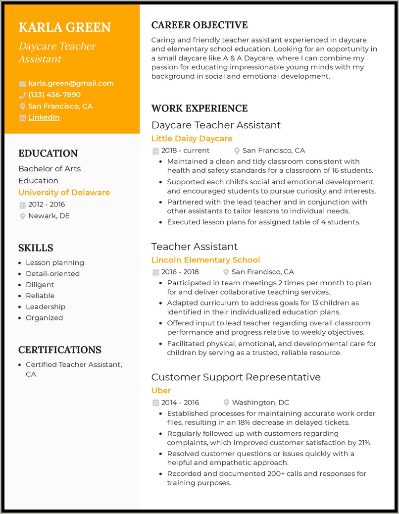 Resume Samples For Daycare Teacher Assistant