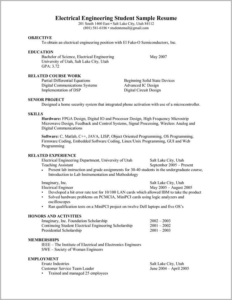 Resume Samples For Electrical Engineer Pdf