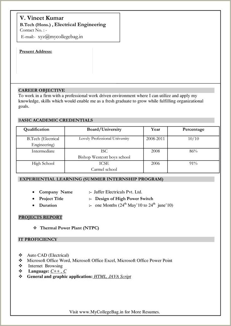 Resume Samples For Engineering Students Freshers Pdf