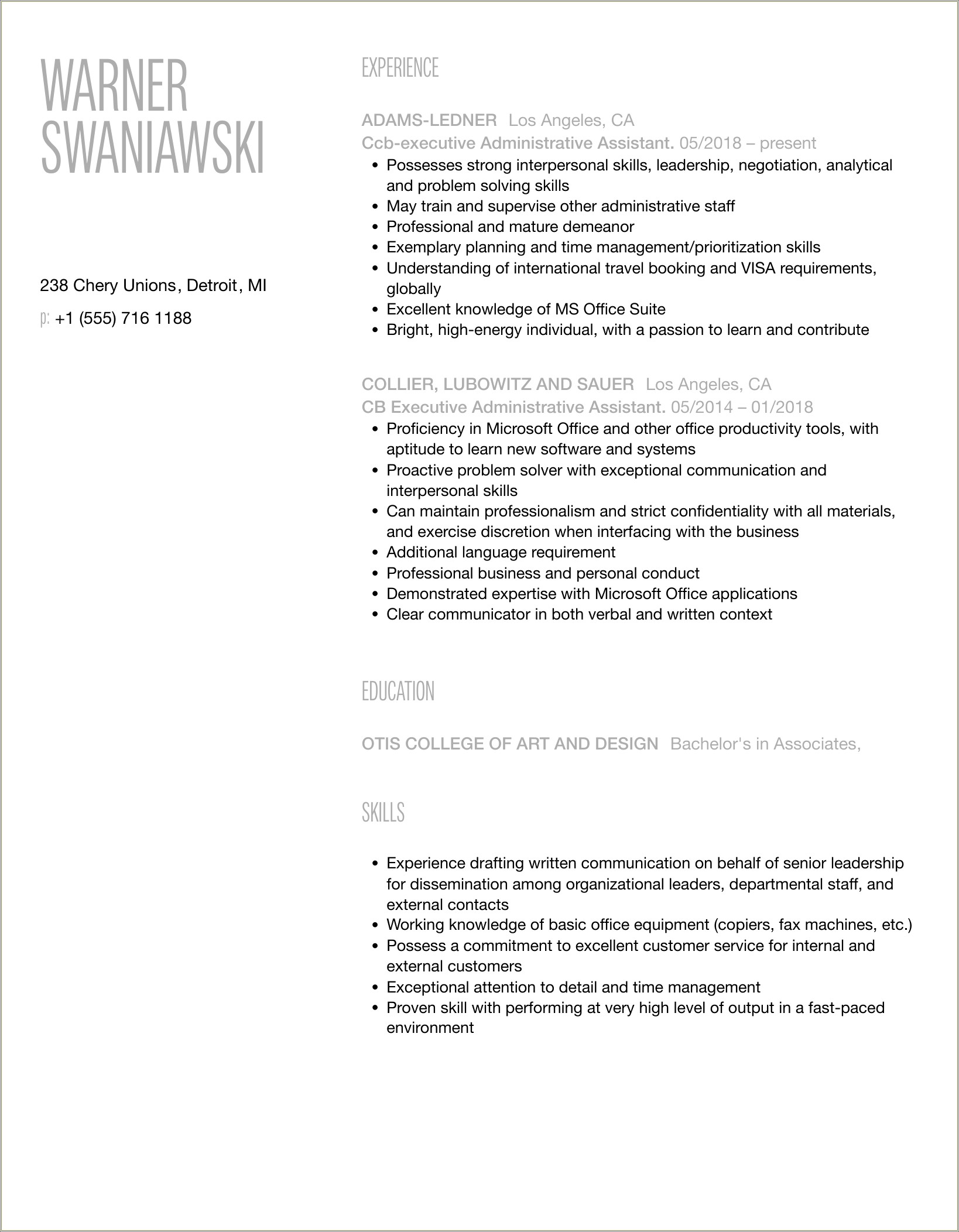 Resume Samples For Entry Level Administrative Assistant
