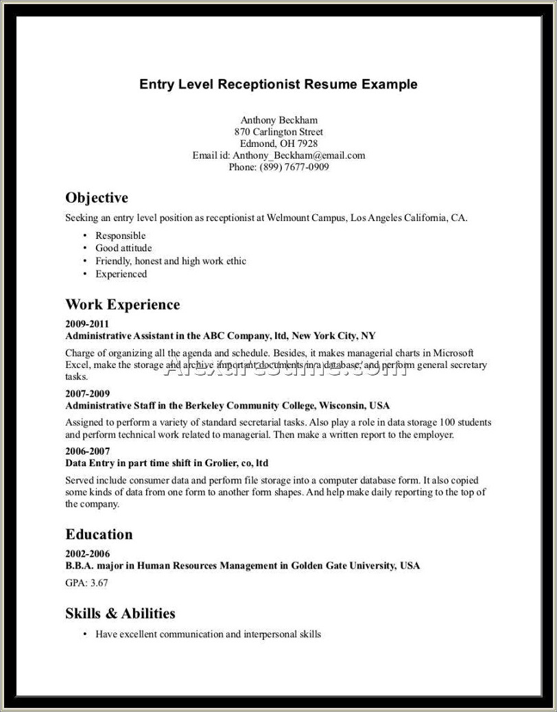 Resume Samples For Entry Level Receptionist