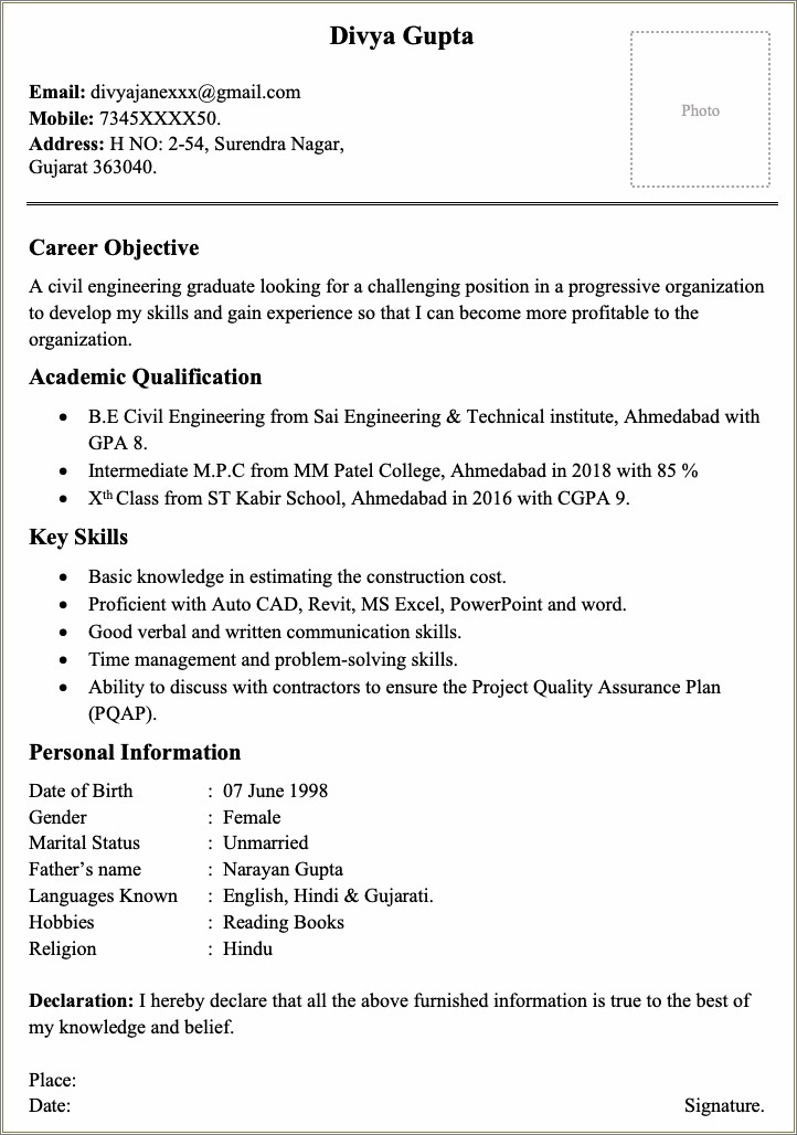 Resume Samples For Graduate Freshers For Civil Engineering