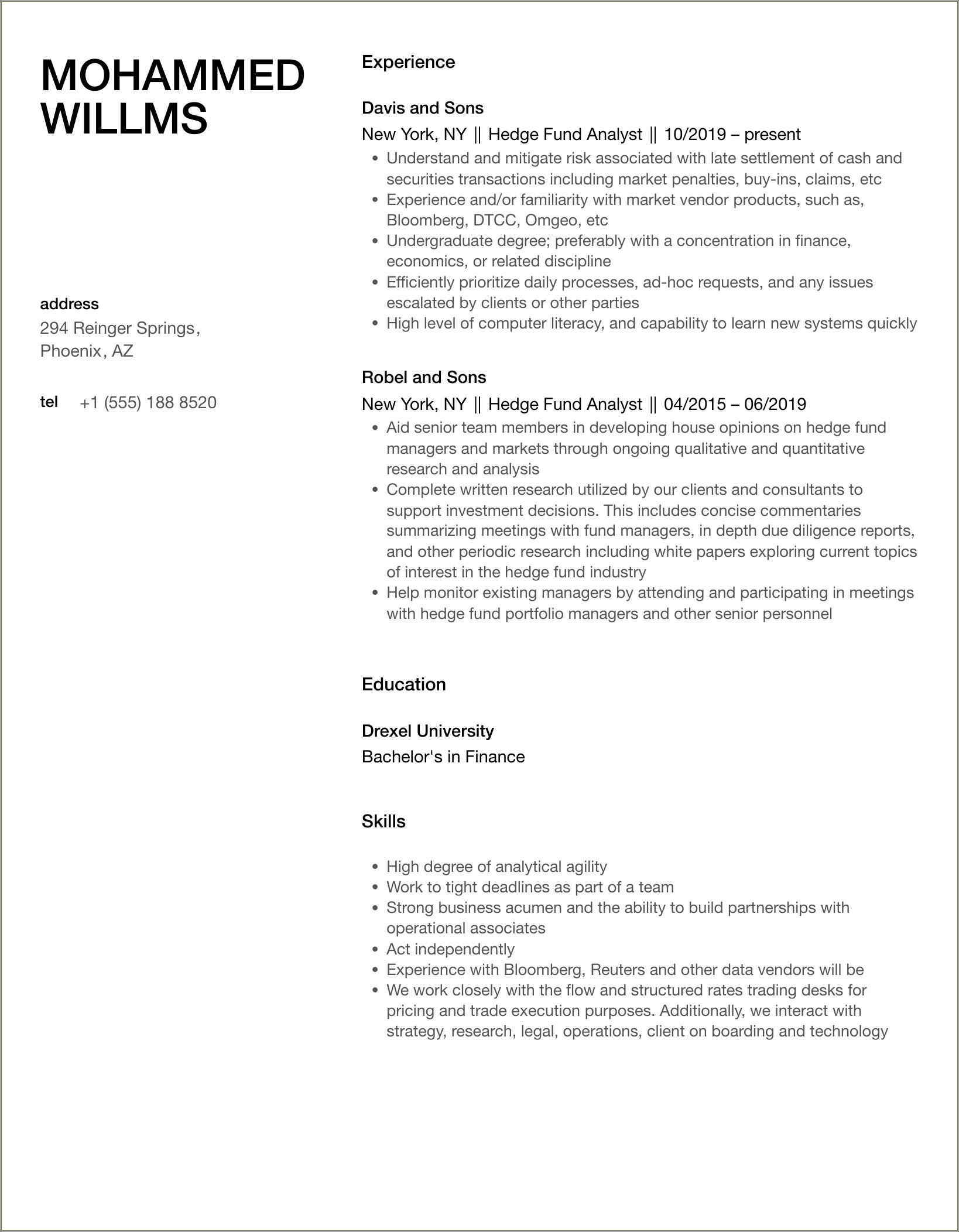 Resume Samples For Hedge Fund Operations