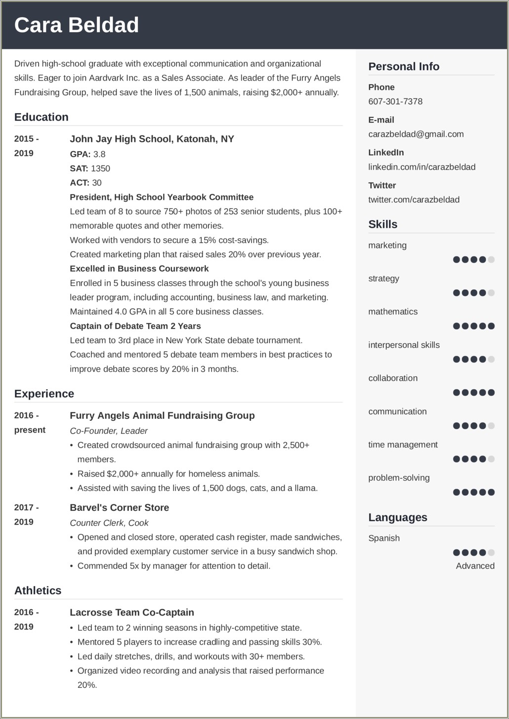 Resume Samples For High School Students Objectives