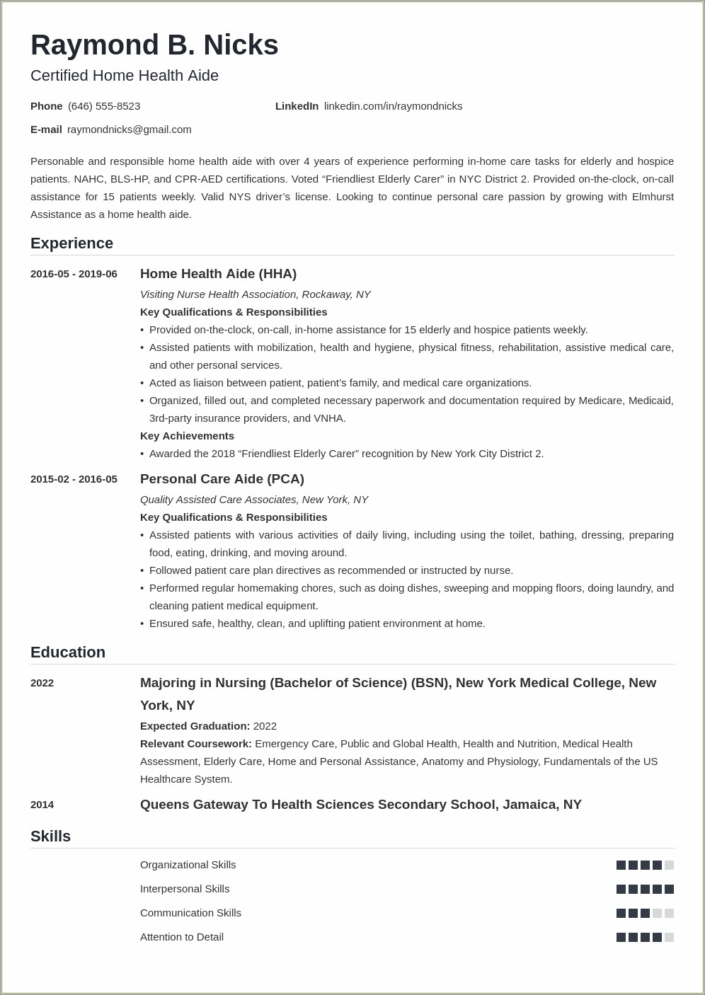Resume Samples For Home Care Aide