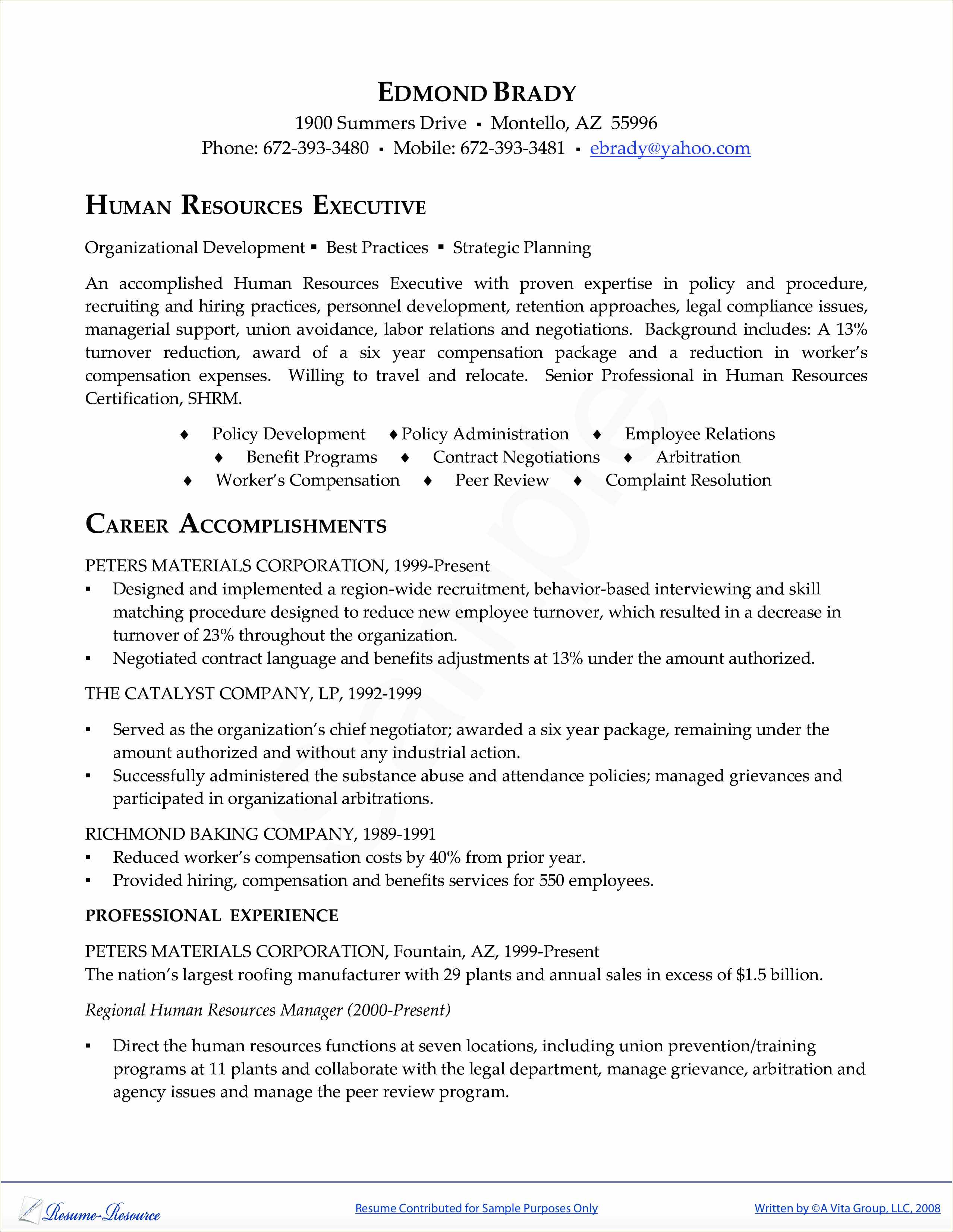 Resume Samples For Human Resources Executive