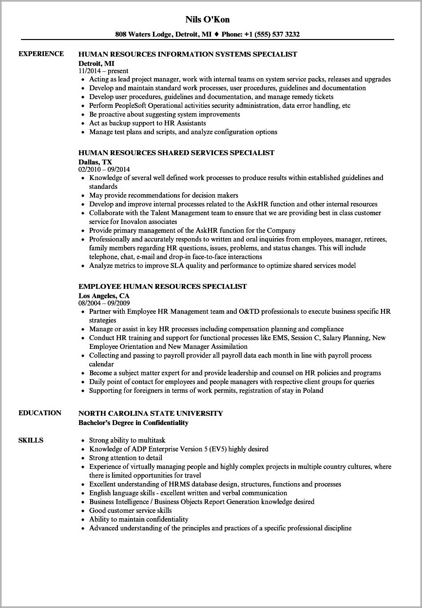 Resume Samples For Human Resources Specialist