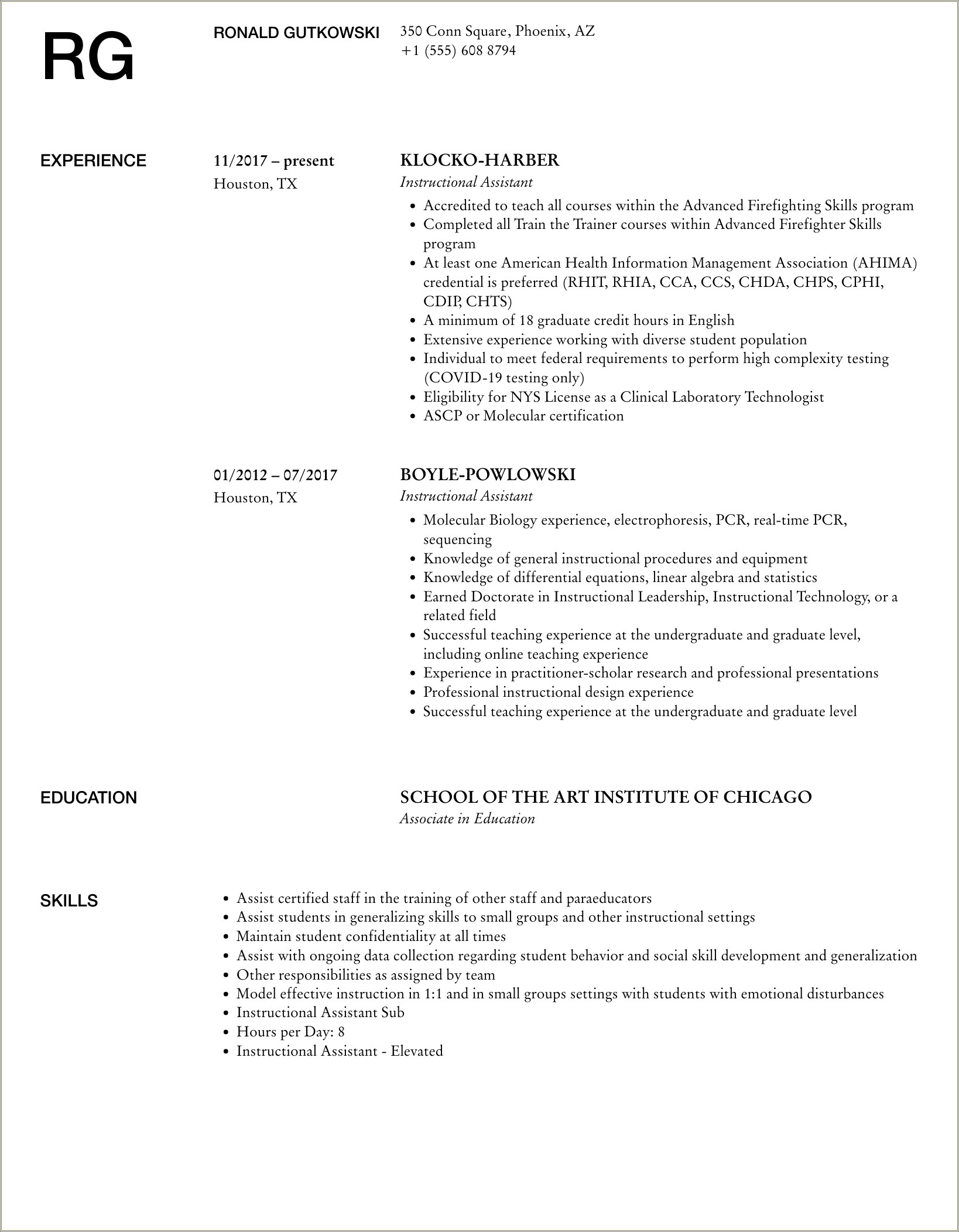 Resume Samples For Instruction Aide Rsp For Schools