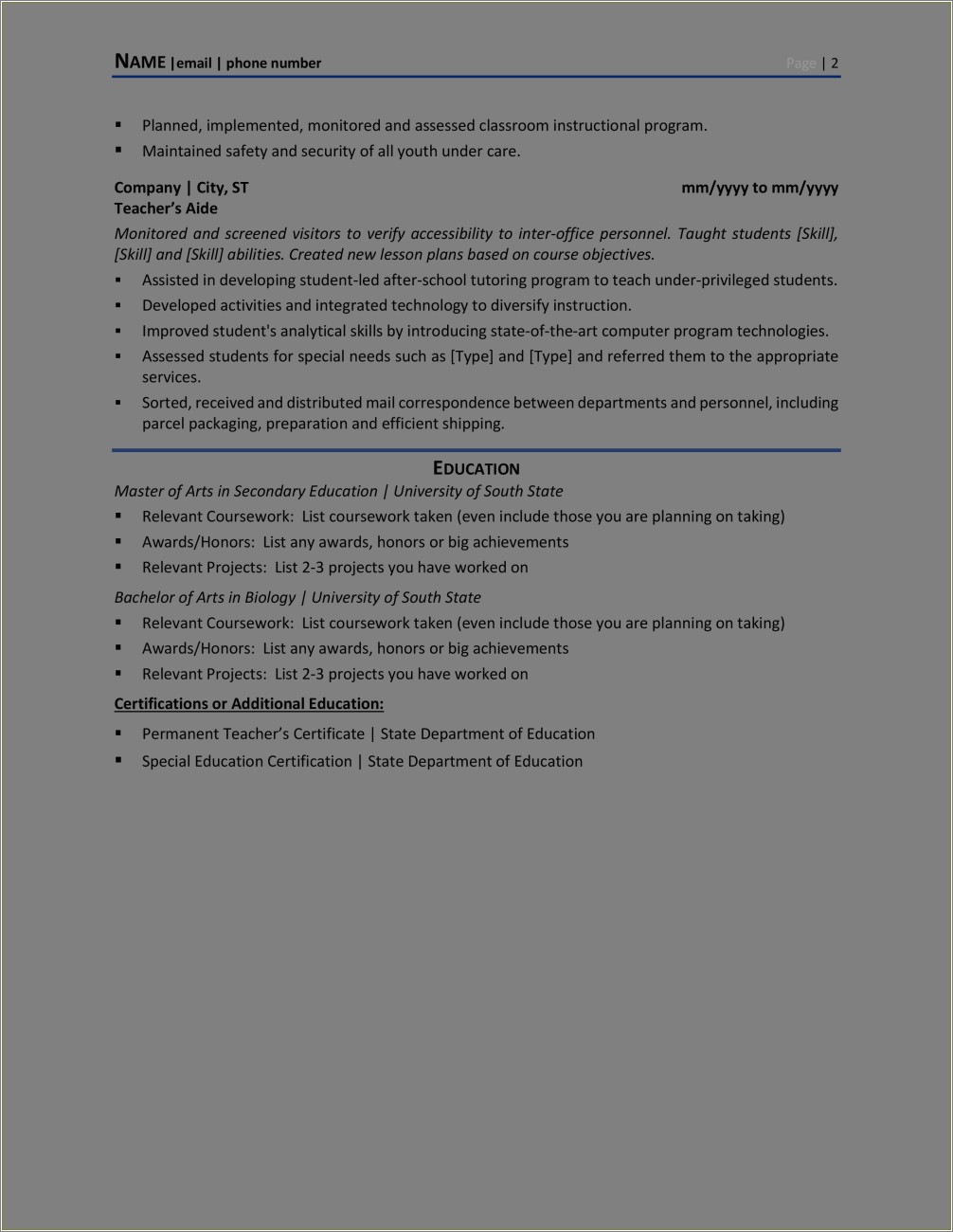 Resume Samples For Instruction Aide Rsp