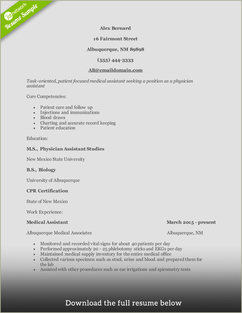 Resume Samples For Medical Assistant Student