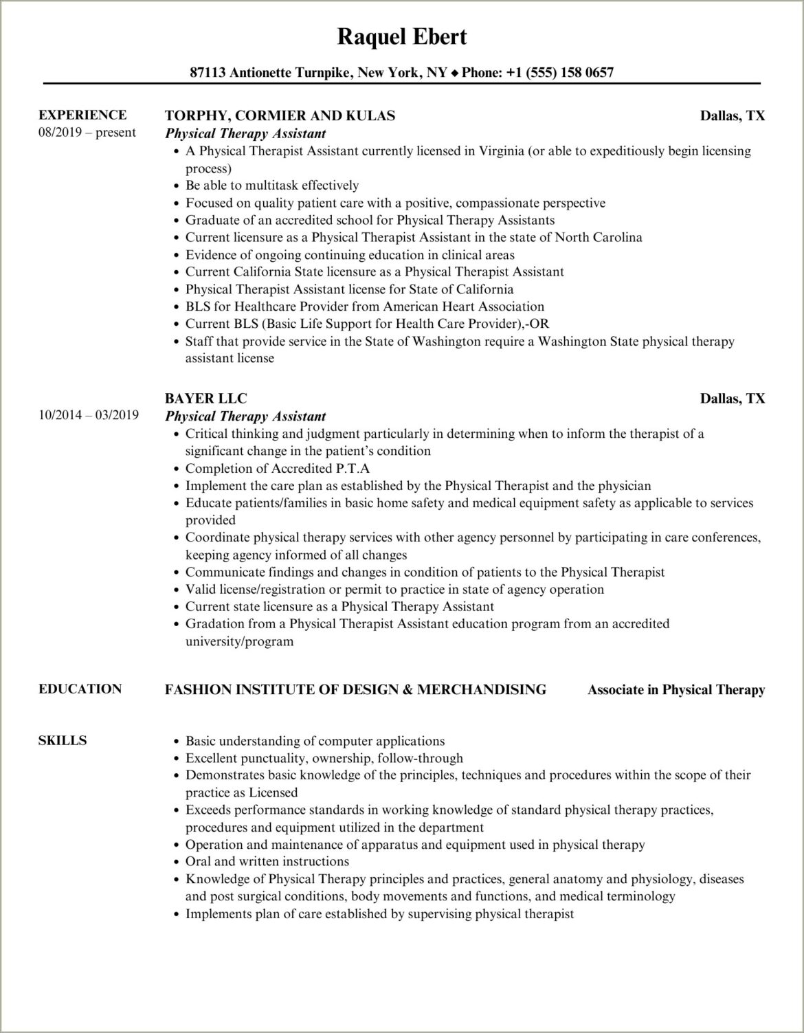 Resume Samples For Physical Therapist Assistant