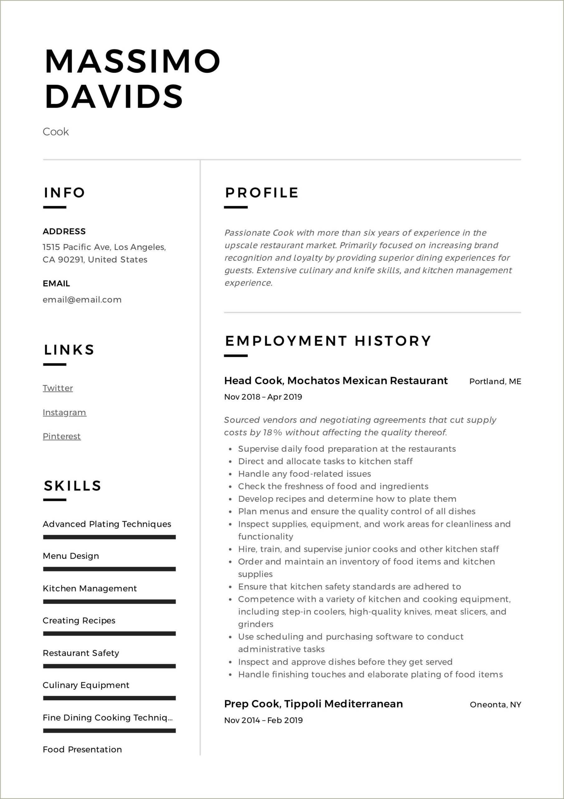 Resume Samples For Preschool Head Cook