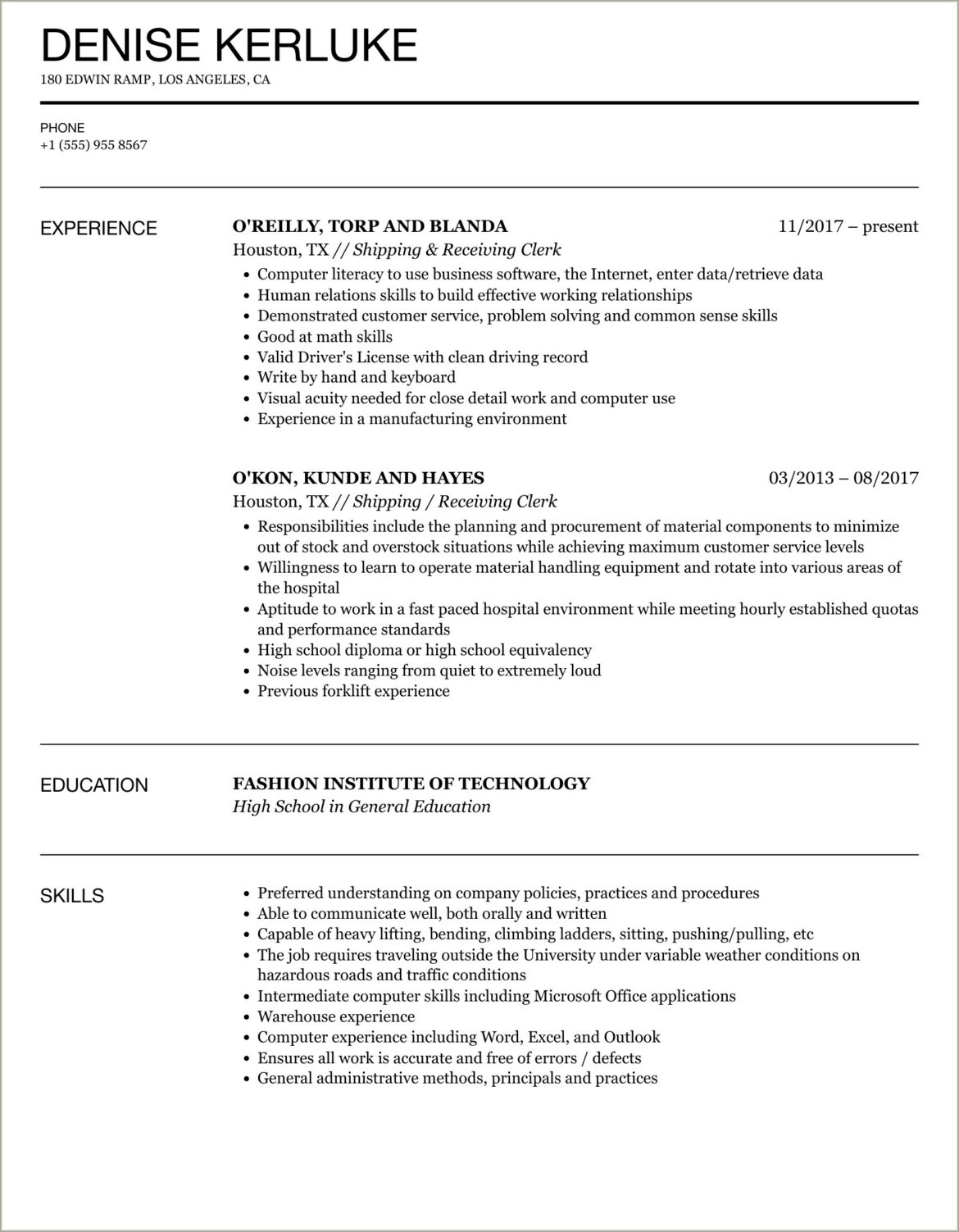 Resume Samples For Shipping And Receiving Clerk