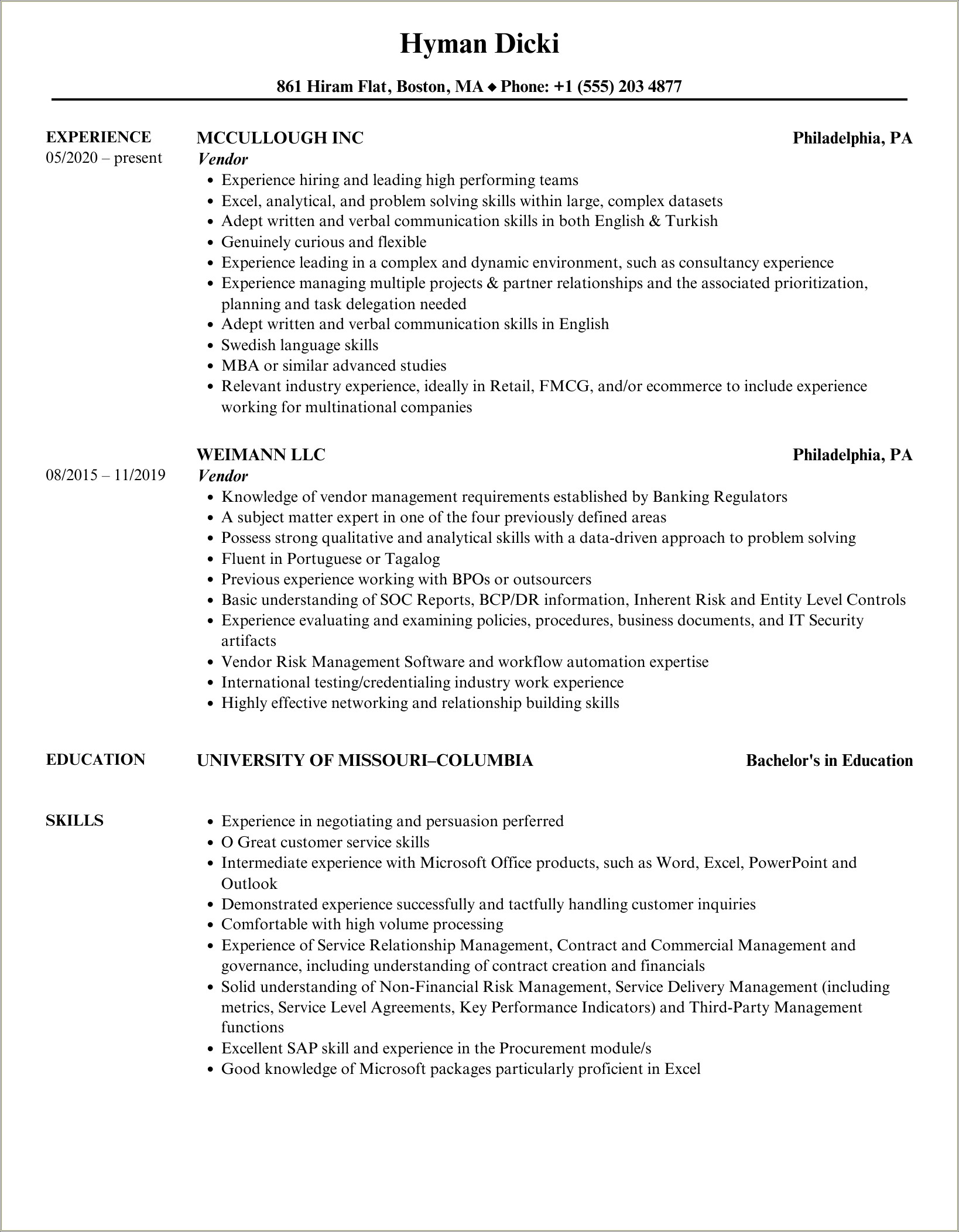 Resume Samples For Sow Professional Vendor Interatcion