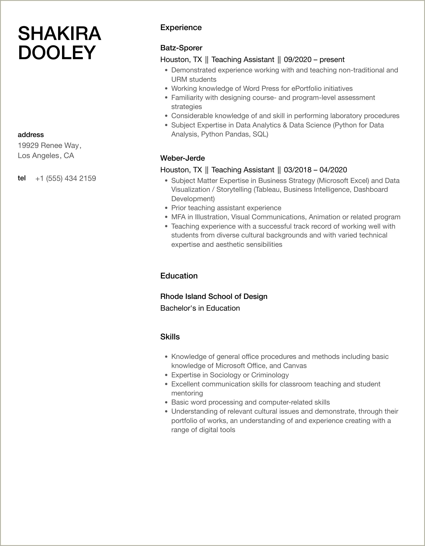 Resume Samples For Ta For Graduate Students