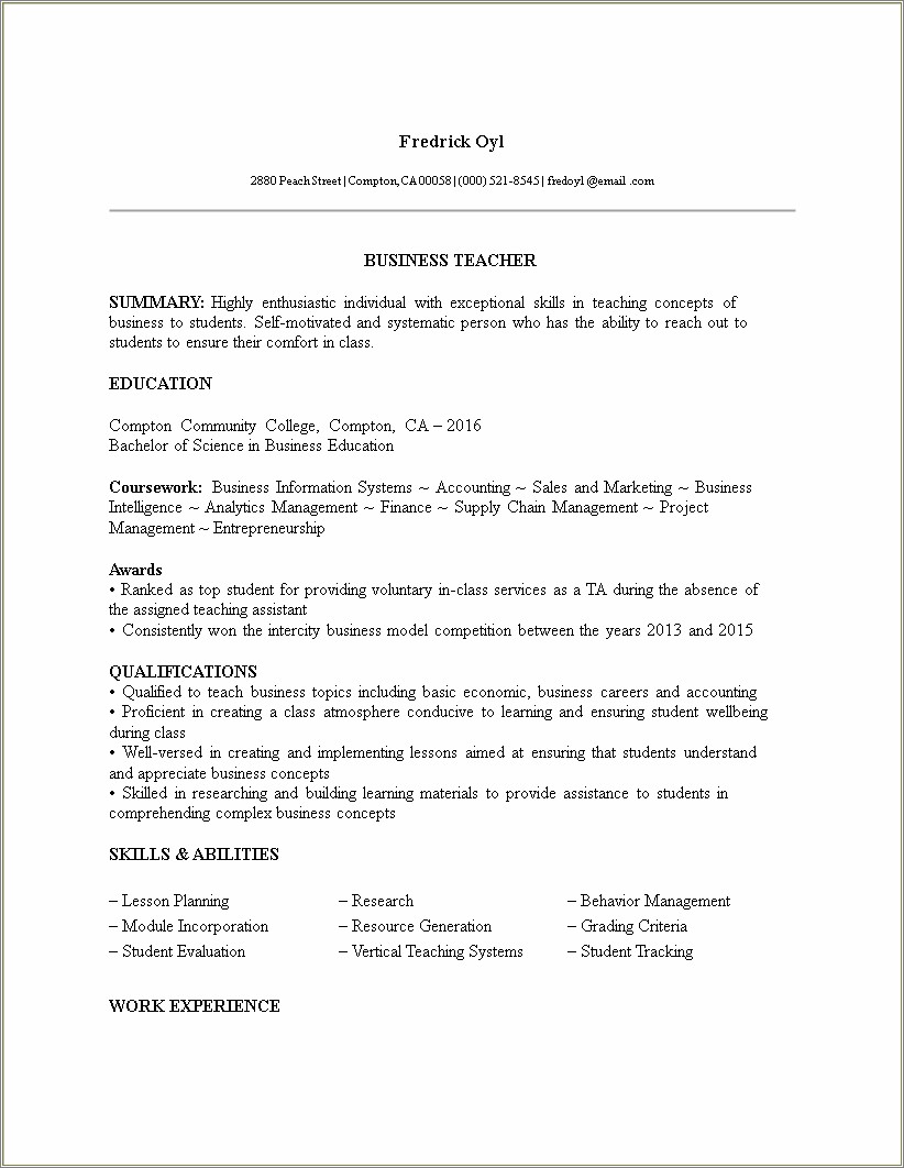 Resume Samples For Teacher Without Experience