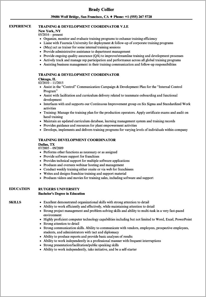 Resume Samples For Training Specialist