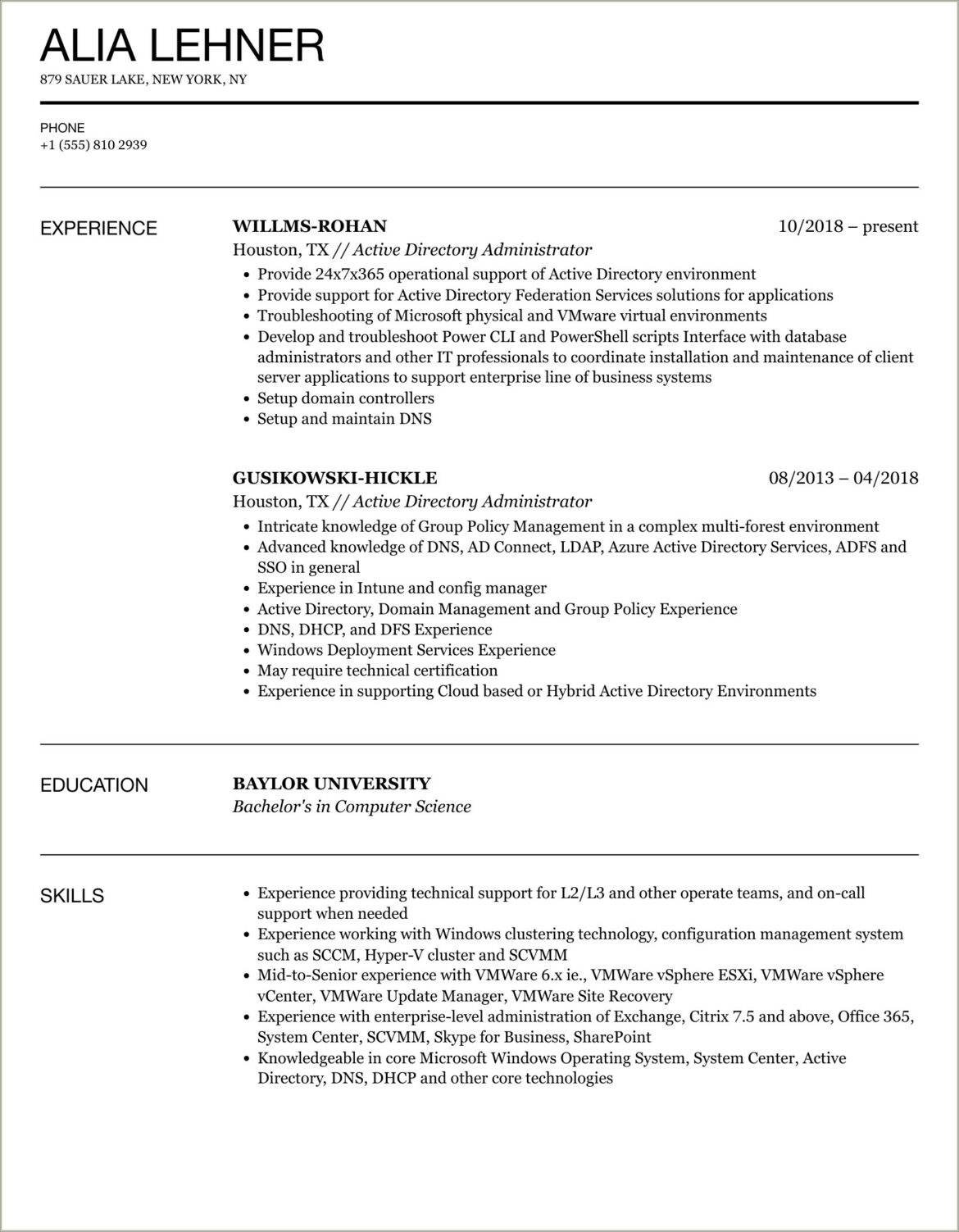 Resume Samples It Working Knowledge Of Active Directory