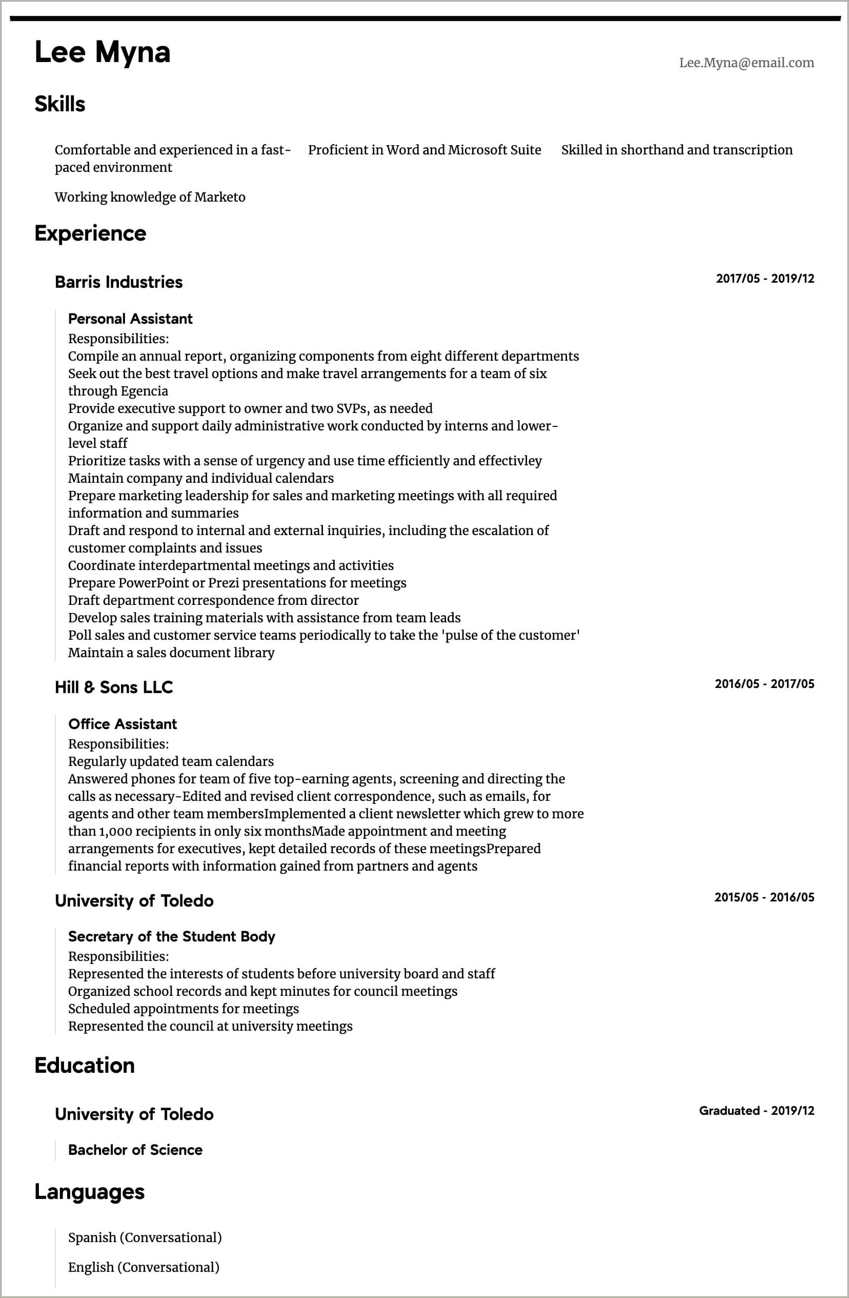 Resume Samples Of A Personal Assistant