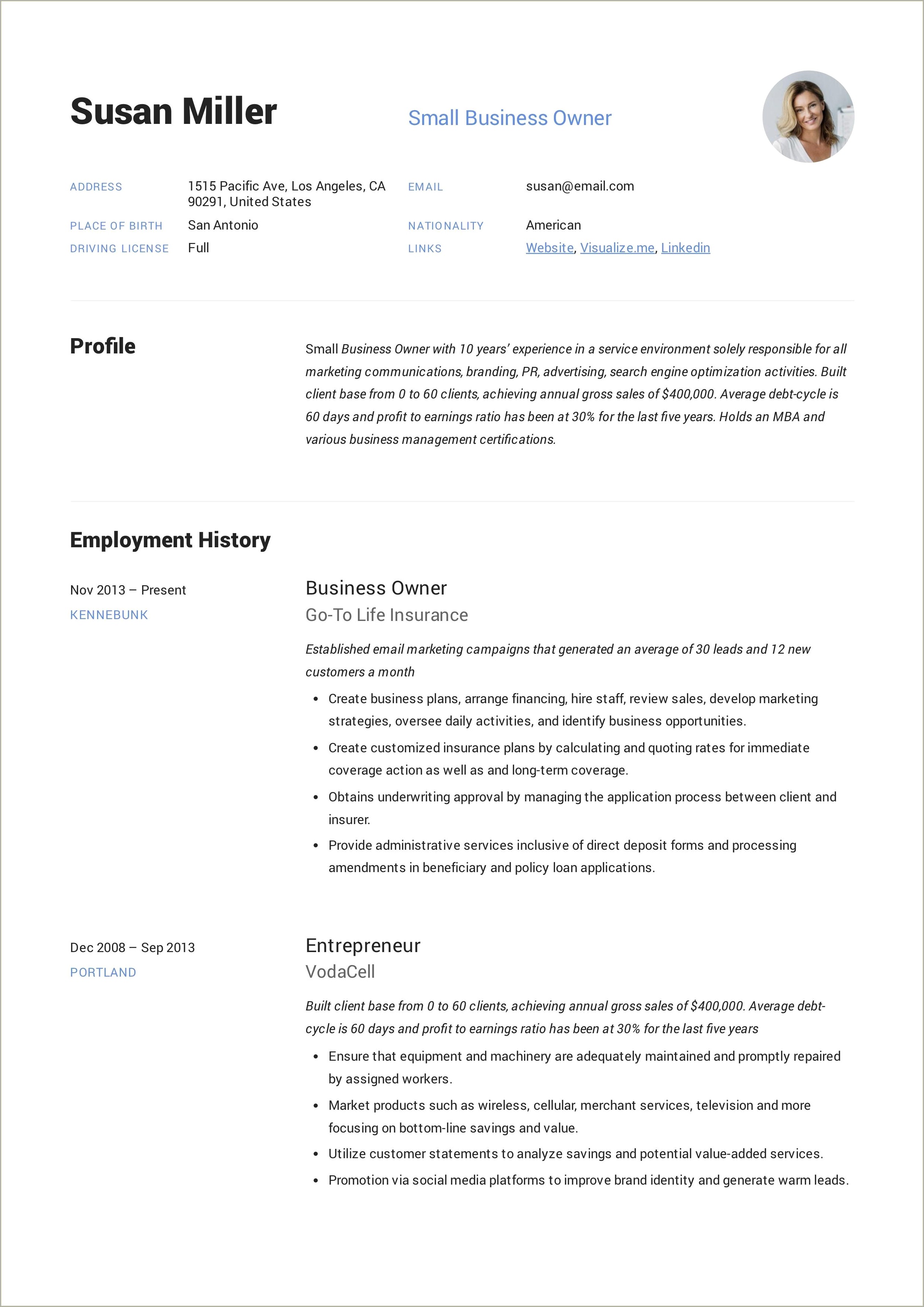 Resume Samples Of Owning A Business