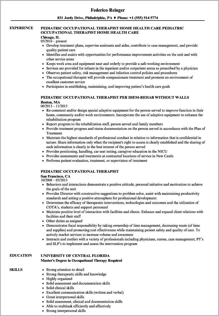 Resume School Based Occupational Therapy Assistant