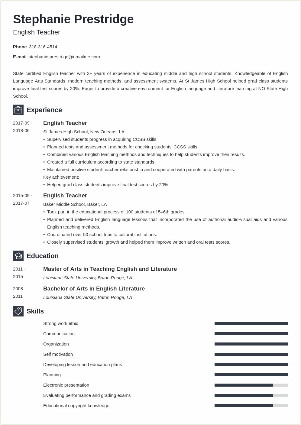 Resume Showing Time Management English Teacher