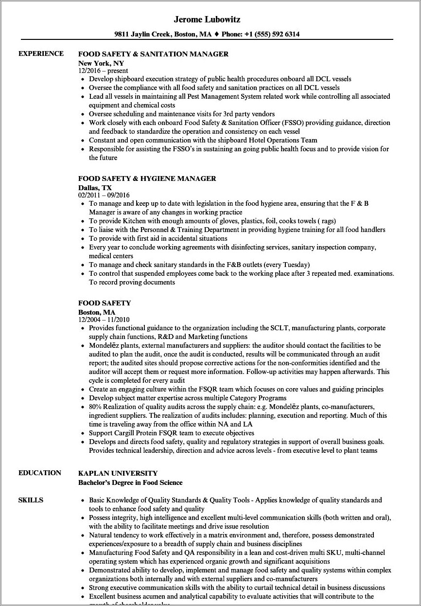 Resume Skill Of Health And Food Safety