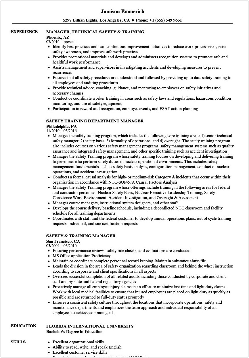 Resume Skills Example For Workplace Safety