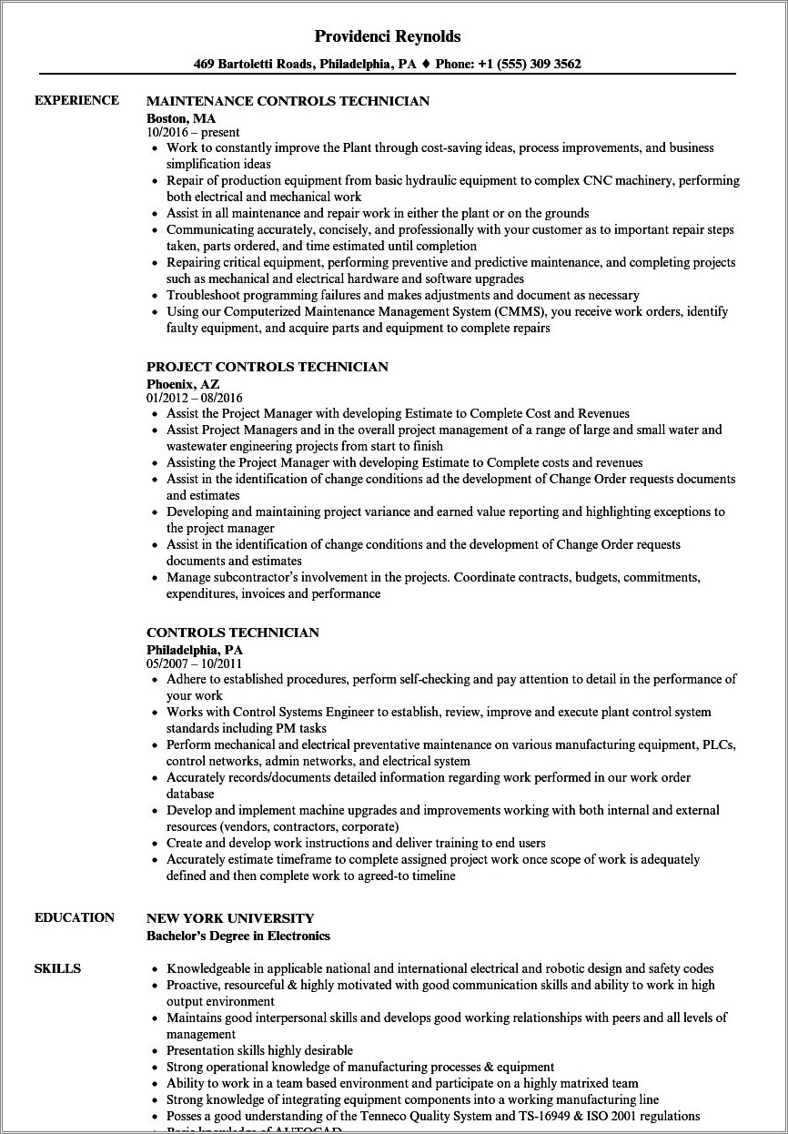 Resume Skills For A Administration Technician Position Control