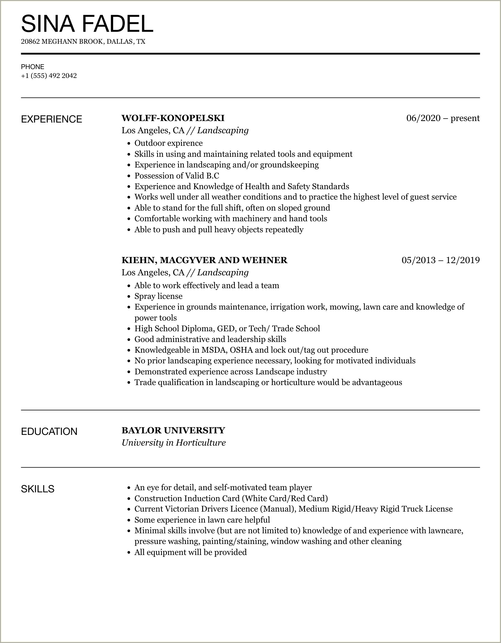 Resume Skills For A Gold Course Landscaping