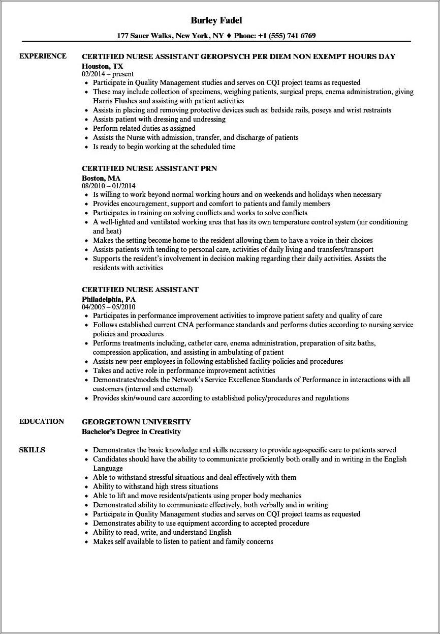 Resume Skills For Certified Nursing Assistants