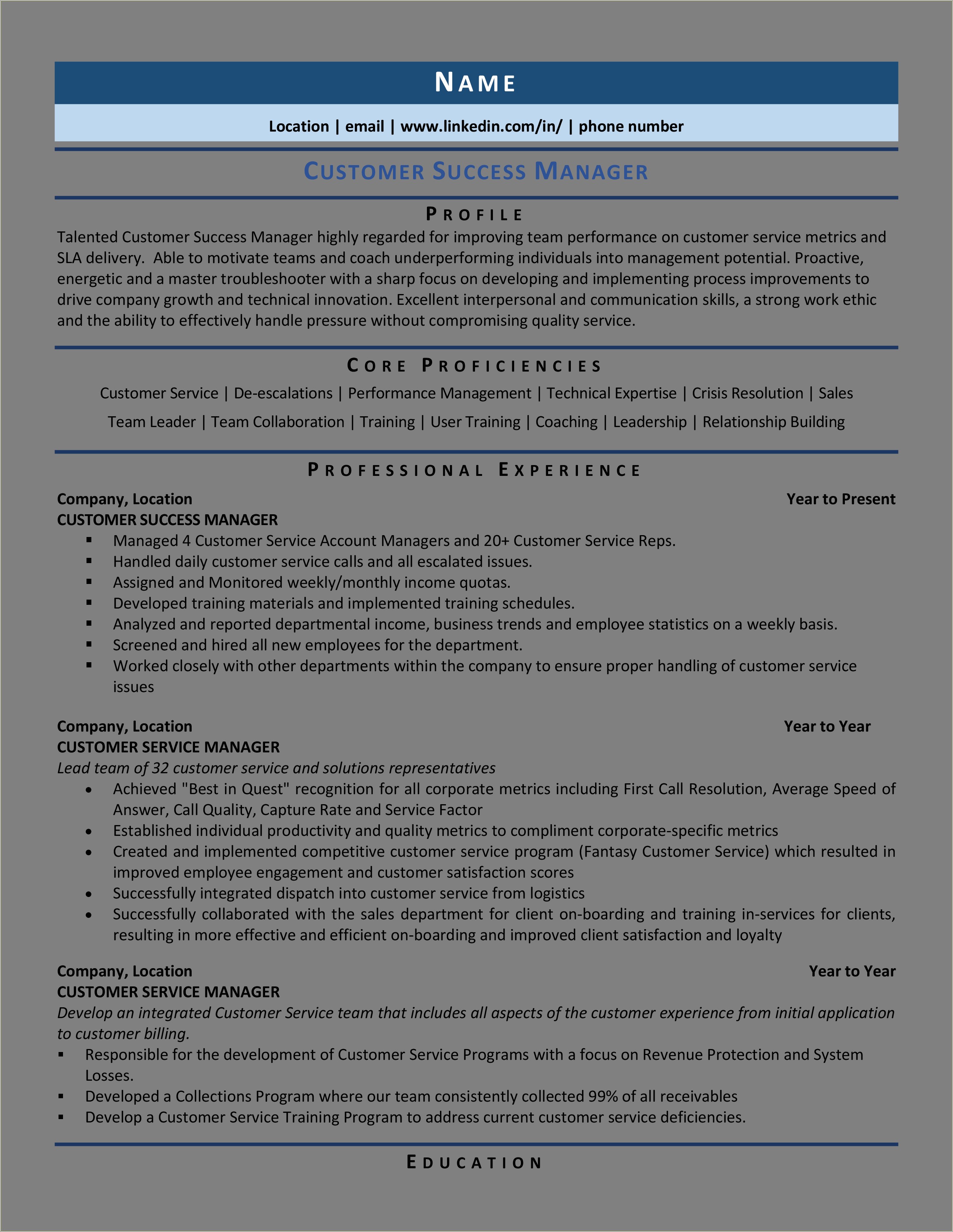 Resume Skills For Customer Service Manager