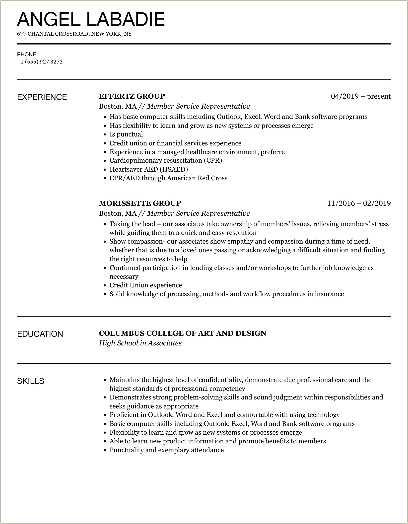 Resume Skills For Members Service Associate