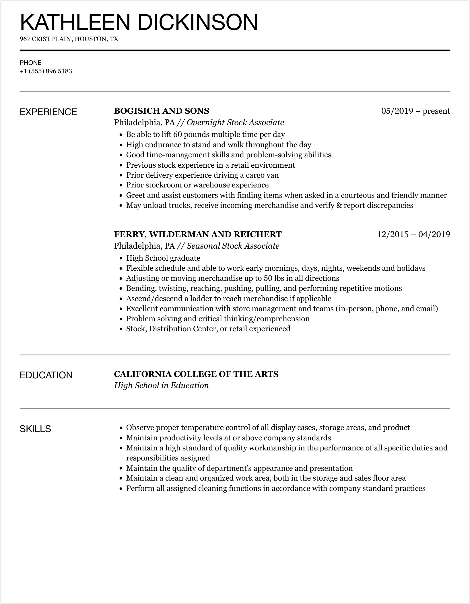 Resume Skills For Warehouse Person At Pottery