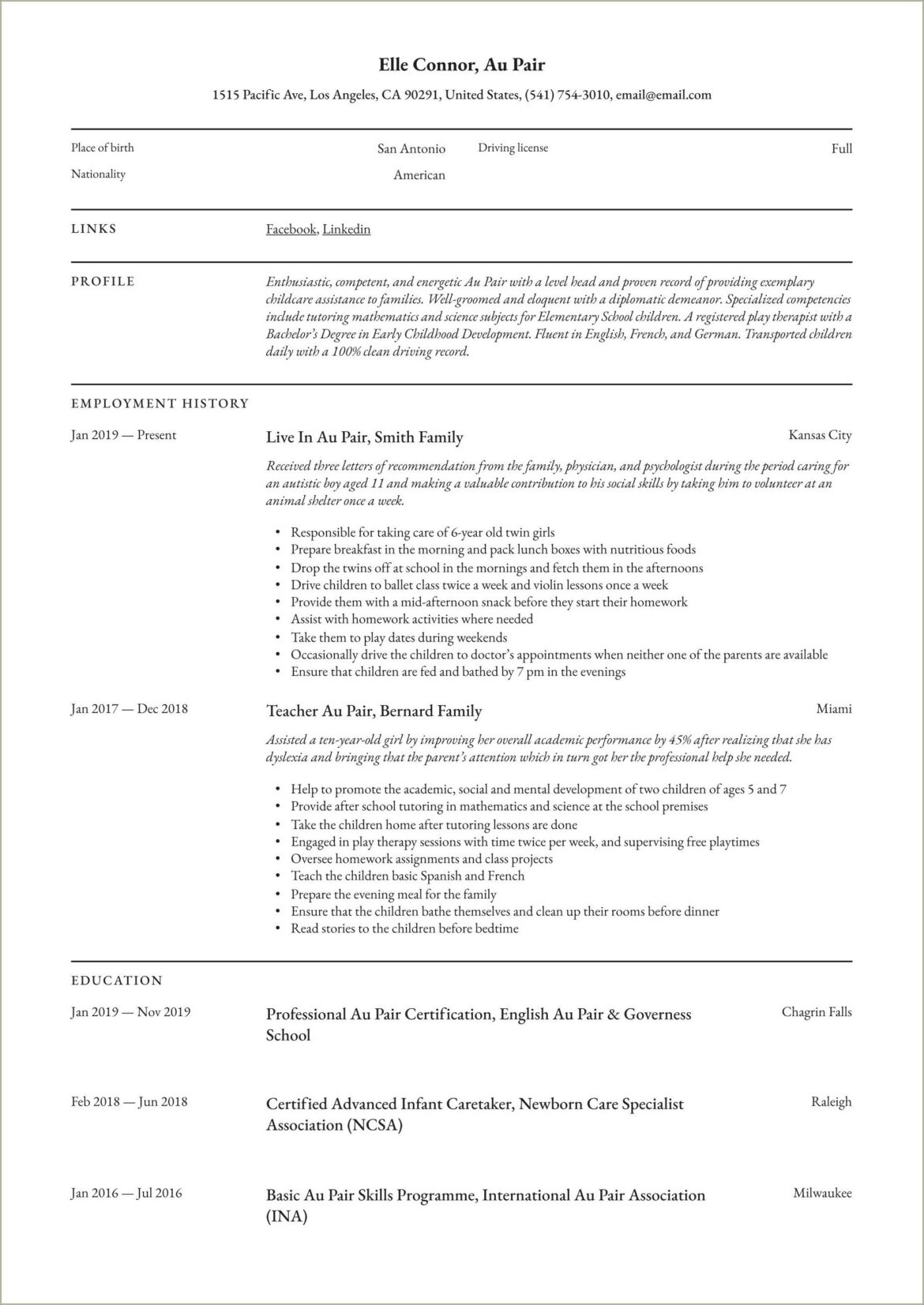 Resume Skills Pre School Teacher Au Pair