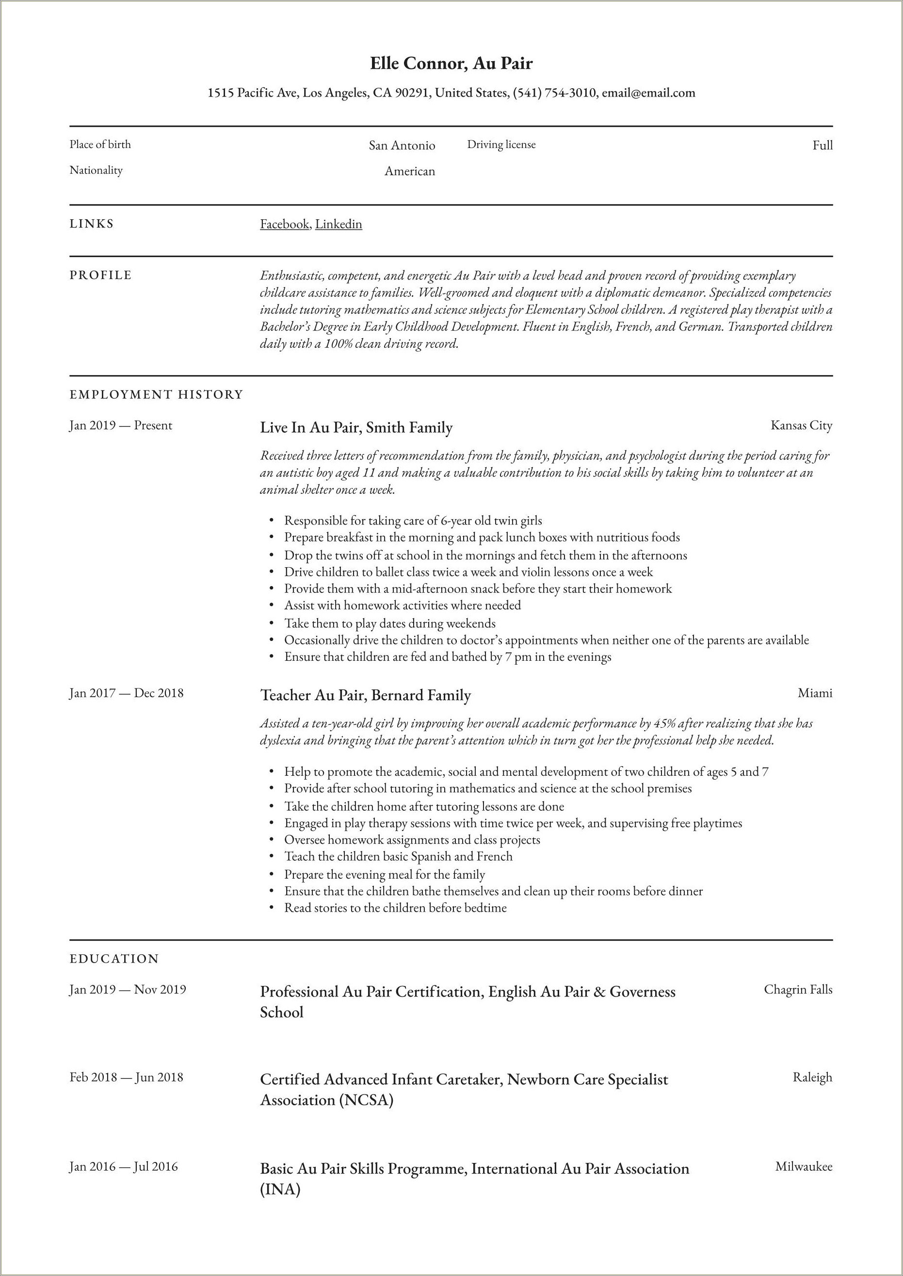 Resume Skills Pre School Teacher Au Pair