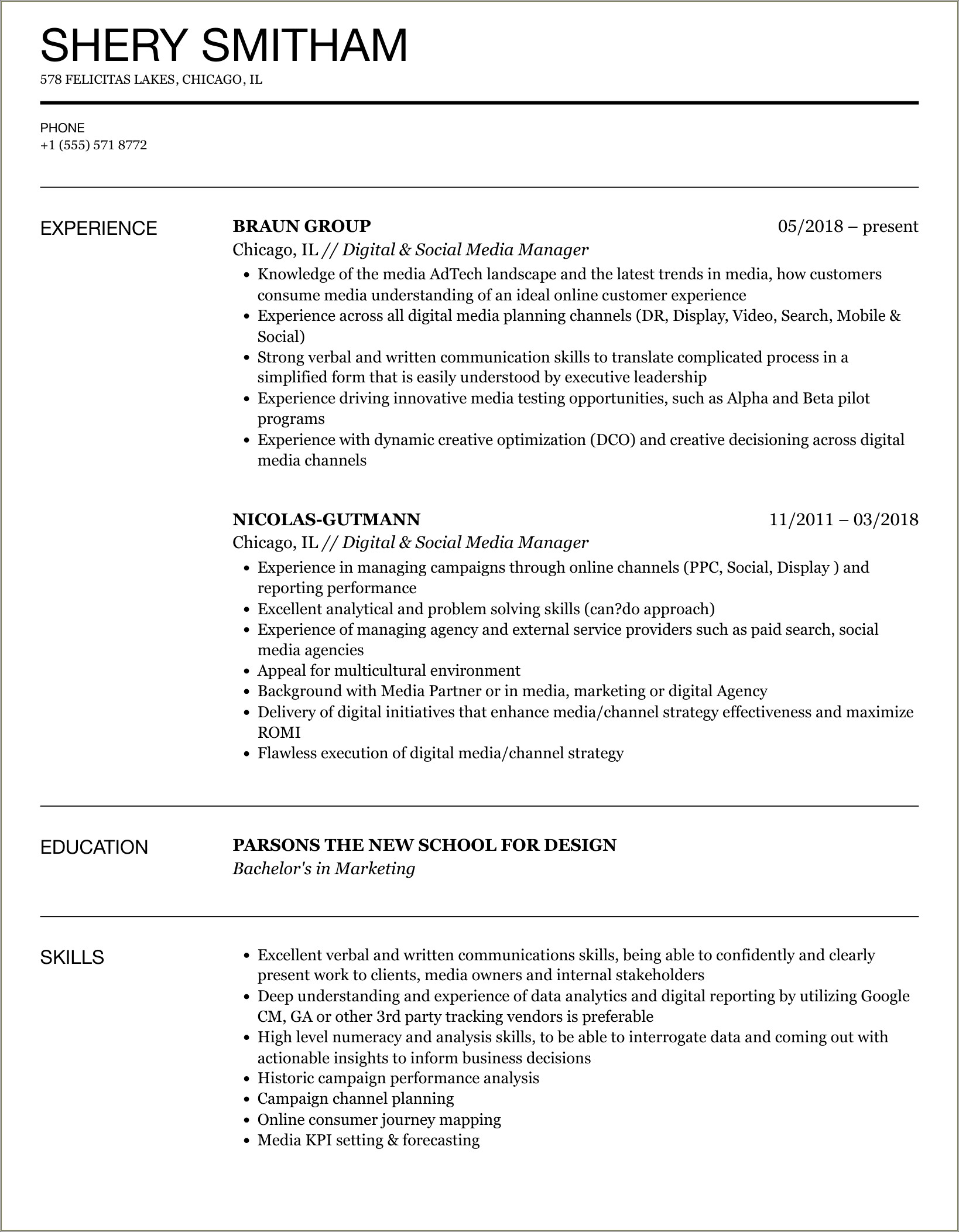 Resume Skills Section Sample Social Media