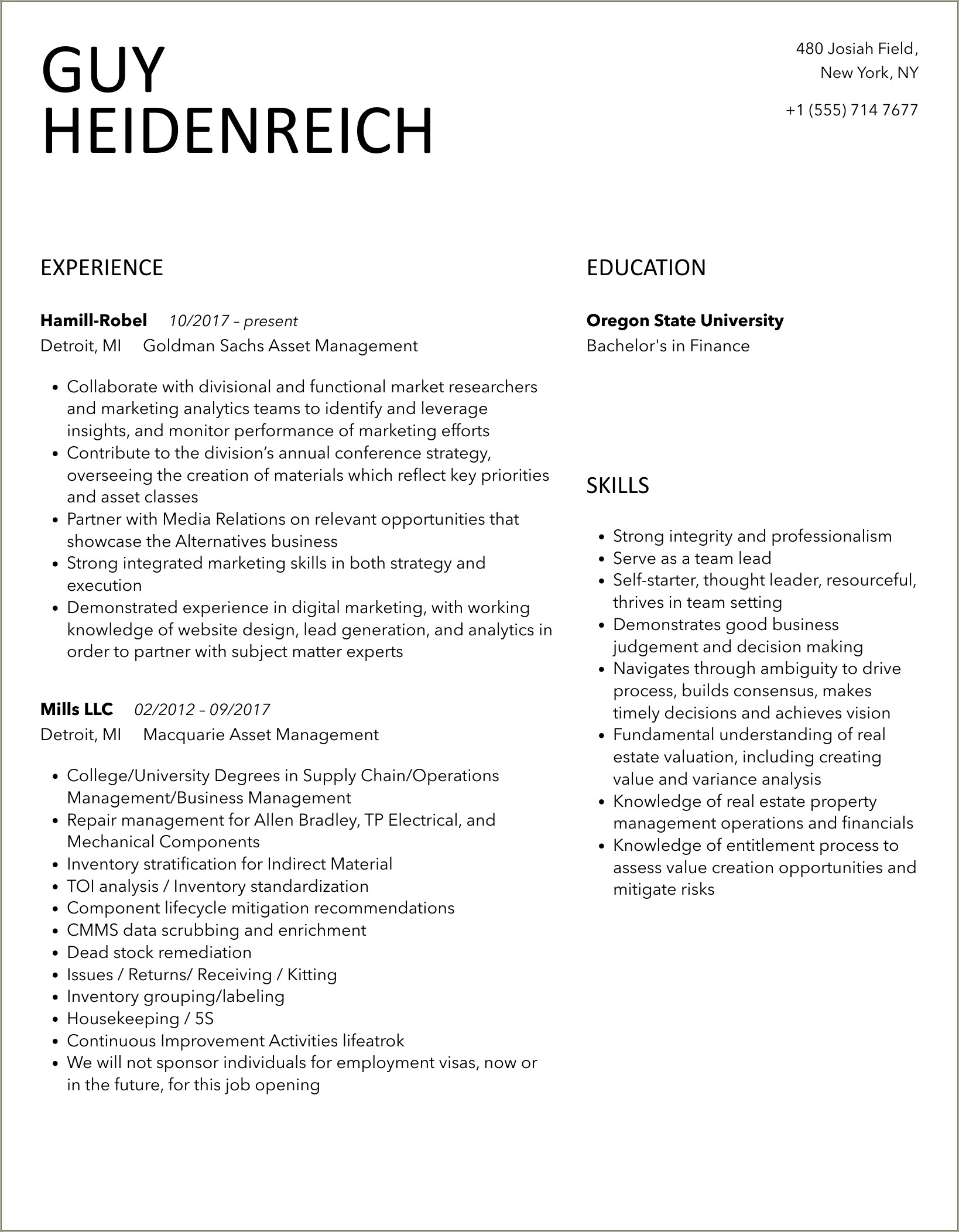 Resume Statement For Assets Lifecycle Management
