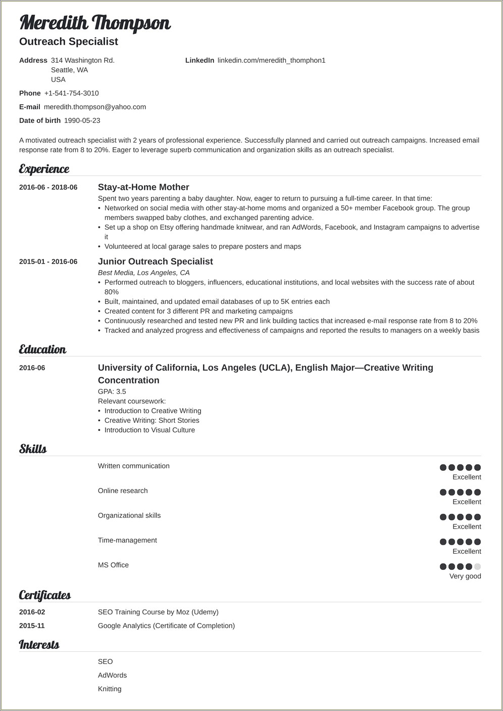 Resume Summary After Stay At Home Parent